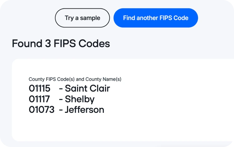 County FIPS Codes result example screenshot