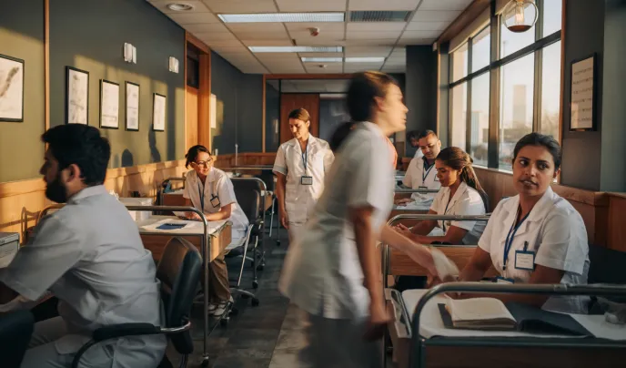 Several medical professionals moving throughout a hallway