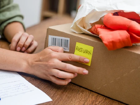 Hand placing return label on box