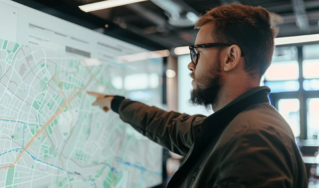 man pointing to street on large map