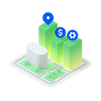 Three buildings of different height with different icons above: location pin, dollar sign, and a gear