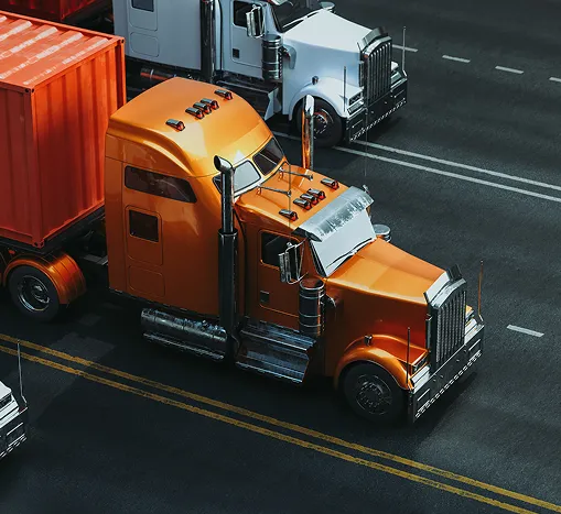 Orange semi-truck with a shipping container driving on a multi-lane road alongside white trucks